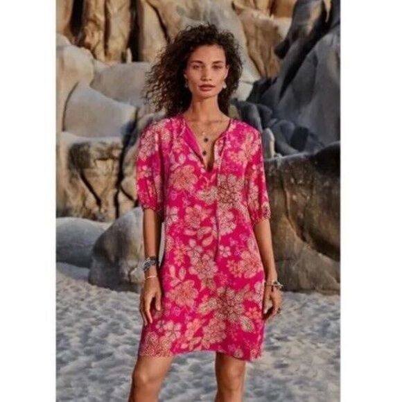 JOHNNY WAS JADE Vesna Floral Puff‎ Sleeve 100% Silk Mini Dress Pink Small - Picture 1 of 13